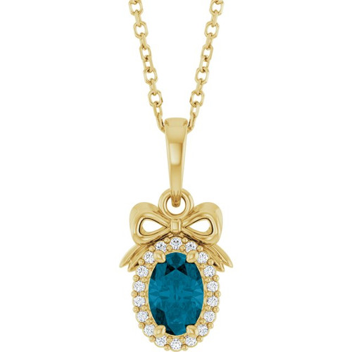 14K Yellow Natural London Blue Topaz & .04 CTW Natural Diamond Bow 16-18" Necklace