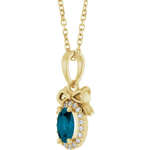 14K Yellow Natural London Blue Topaz & .04 CTW Natural Diamond Bow 16-18" Necklace