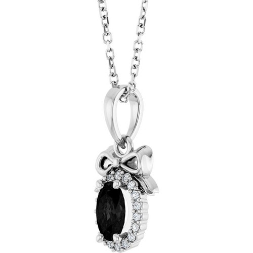 14K White Natural Black Onyx & .04 CTW Natural Diamond Bow 16-18" Necklace