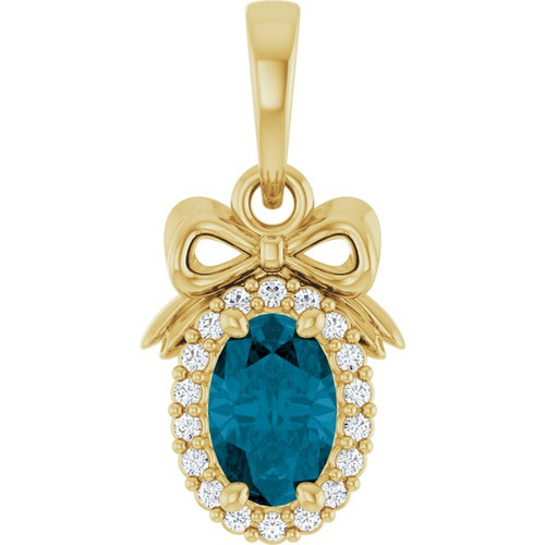14K Yellow Natural London Blue Topaz & .04 CTW Natural Diamond Bow Pendant
