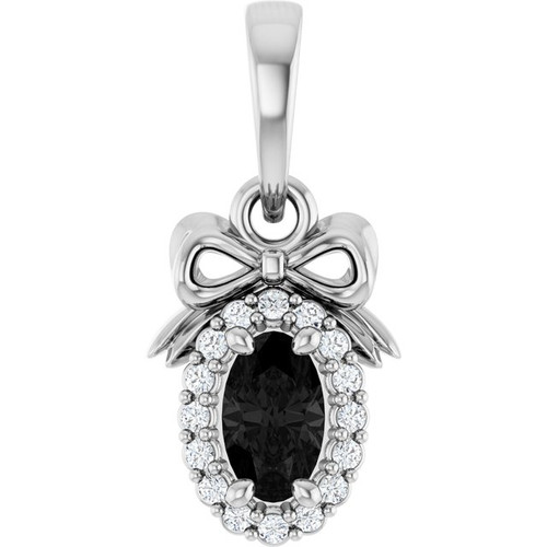 14K White Natural Black Onyx & .04 CTW Natural Diamond Bow Pendant