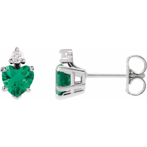 Sterling Silver Lab-Grown Emerald & .06 Natural Diamond Stud Earrings