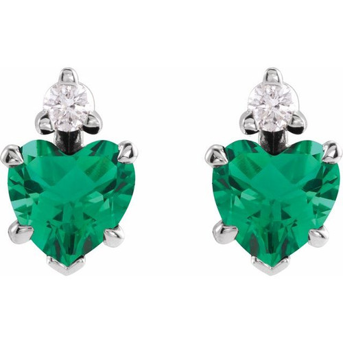 14K White Lab-Grown Emerald & .06 Natural Diamond Stud Earrings