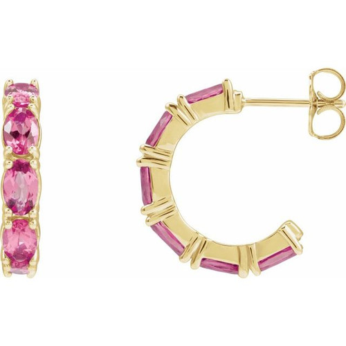 14K Yellow Natural Pink Tourmaline Hoop Earrings