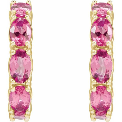 14K Yellow Natural Pink Tourmaline Hoop Earrings