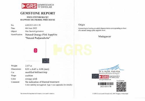 Rare No Heat 2.57 Carat Padparadscha Sapphire, GRS Cert, Cushion Shape, 8.91 x 6.65 x 4.08 mm