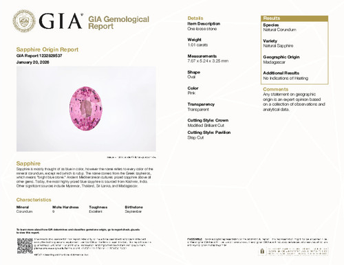 1.01 Pink Sapphire, Oval Cut, 7.07 x 5.24 x 3.25 mm | Selected Fine Gem | $1,347.00