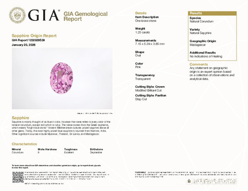 1.25 Carat Pink Sapphire, Oval Cut, No Heat GIA Cert, 7.15 x 5.39 x 3.85 mm | Selected Fine Gem | $1,344.00