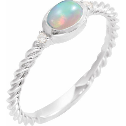 14K White Natural Ethiopian Opal & .03 CTW Natural Diamond Rope Ring