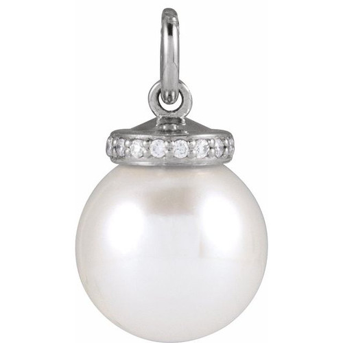14K White Cultured White Akoya Pearl & .04 CTW Natural Diamond Pendant