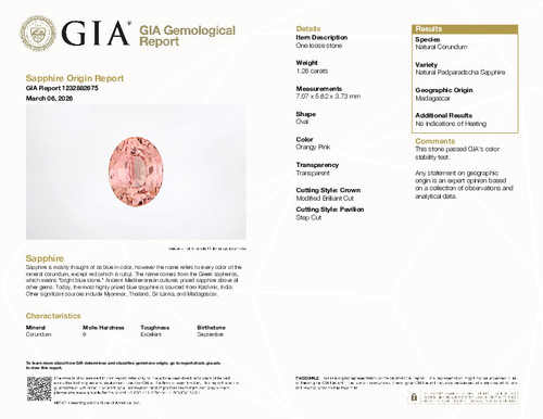 Sweet No Heat GIA 1.26 Carat Padparadscha Sapphire in Oval, 7.07 x 5.62 x 3.73 mm