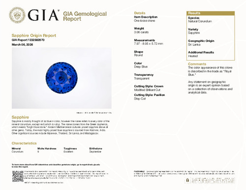 3.06 Carat Rich Royal Blue Sapphire Gem, GIA Cert, Round Cut,  8.05 x 5.72 mm