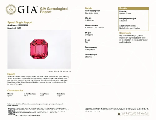 Rare Asscher 1.55 Carat Mahenge Red Spinel Gem in Asscher Cut, 6.88 x 6.07 x 4.04 mm, GIA Report