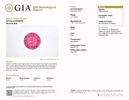 Neon Mahenge Origin 1.61 Carat Pink Spinel Gem, Round, GIA, 7.22 x 4.54 mm
