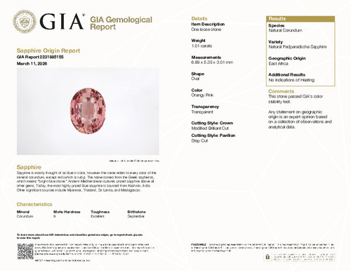 1.01 Carat Padparadscha No Heat, GIA Certed, Sapphire Gem, Oval Cut, 6.89 x 5.35 x 3.01 mm | $3909