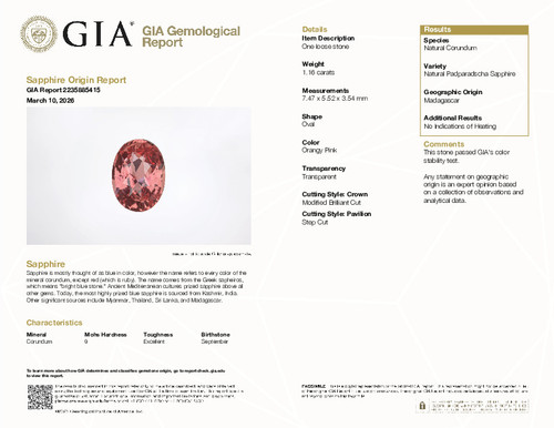 1.16 Carat Padparadscha No Heat, GIA Certed, Sapphire Gem, Oval Cut, 7.47 x 5.52 x 3.54 mm | $5288