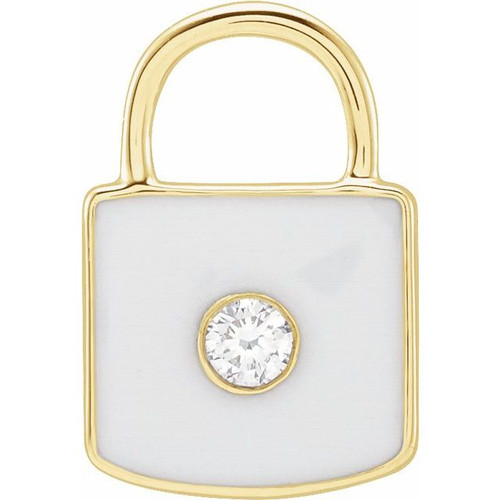 14K Yellow .035 CT Natural  Diamond & White Enamel Lock Charm/Pendant