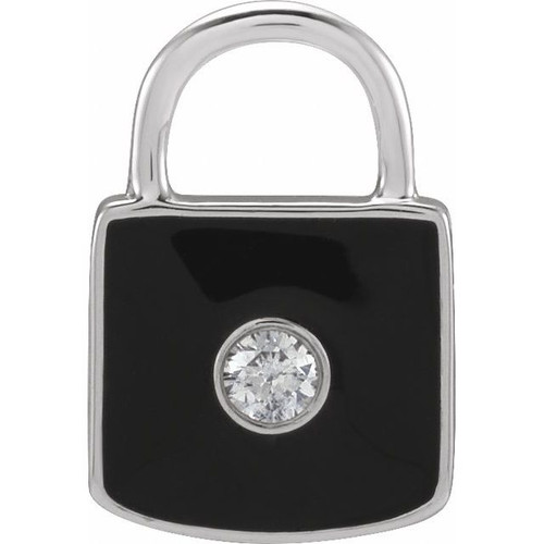 14K White .035 CT Natural  Diamond & Black Enamel Lock Pendant/Charm