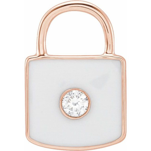 14K Rose .035 CT Natural  Diamond & Black Enamel Lock Charm/Pendant