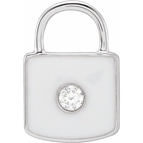 14K White .035 CT Natural  Diamond & Black Enamel Lock Charm/Pendant