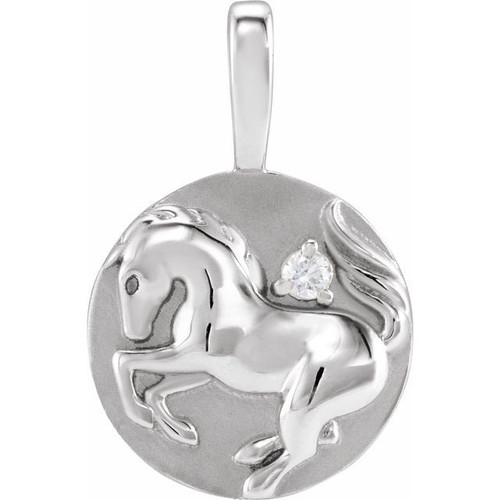 14K White .015 CT Natural Diamond Chinese Zodiac Horse Pendant