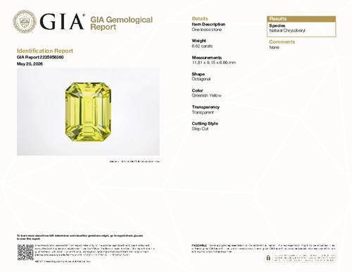 6.62 Carat Yellow Chrysoberyl Octagon Cut, 11.81 x 9.15 x 6.66 mm