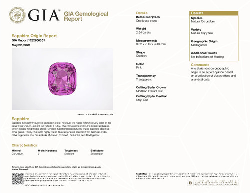 2.54 Carat Unheated GIA Pink Sapphire Gem, Cushion Shape, 8.32 x 7.15 x 4.49 mm