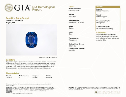 3.52 Carat Unheated GIA Blue Sapphire Gem, Cushion Shape, 9.96 x 7.38 x 4.8 mm