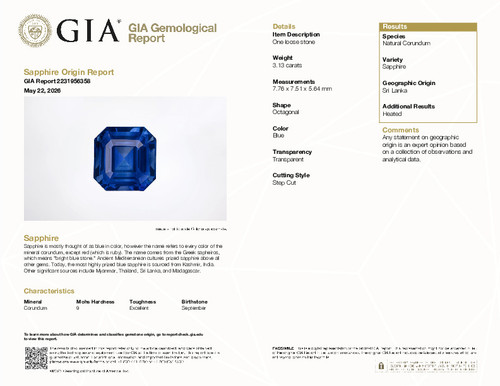 3.13 Carat No Heat GIA Blue Sapphire Gem, Octagon Cut, 7.76 x 7.51 x 5.64 mm