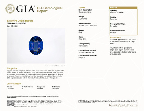 4.01 Carat GIA Blue Sapphire Gem, Oval Shape, 10.28 x 7.99 x 5.55 mm