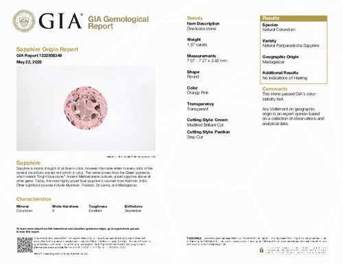1.57 Carat Padparadscha Sapphire Gem, Round Shape, 7.07 x 7.27 x 3.92 mm, Unheated with GIA