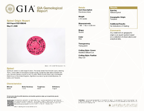 2.40 Carat GIA Pink Spinel Round Shape, 7.92 x 5.36 mm