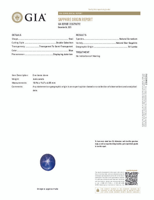 Special 6.64 Carat GIA Certified Rich Pure Blue Star Sapphire Gemstone, 10.96 x 9.47 x 6.05 mm