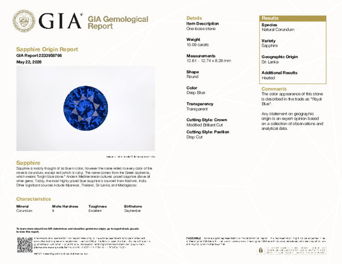 10.09 Carat Elegant Royal Blue Blue Sapphire Round Cut, Hand-Selected Natural Gem - $81,048