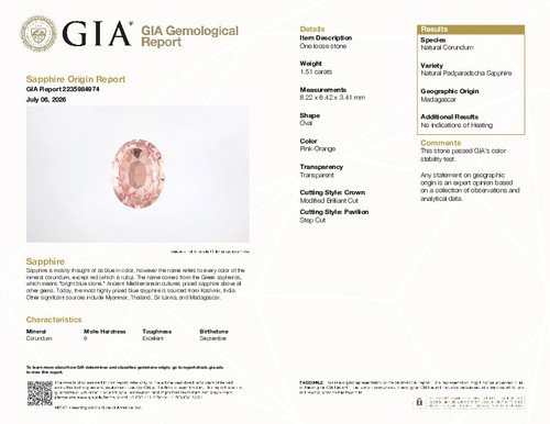 1.51 Padparadscha Sapphire Oval 8.22 x 6.42 x 3.41 mm