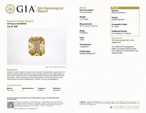 5.07 Yellow Sapphire Radiant 10.12 x 8.42 x 5.9 mm