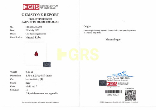 2.02 Carat Vivid Open Rich Red Ruby Gemstone, Pear Shape, 8.79 x 6.35 x 4.89 mm, GRS Cert
