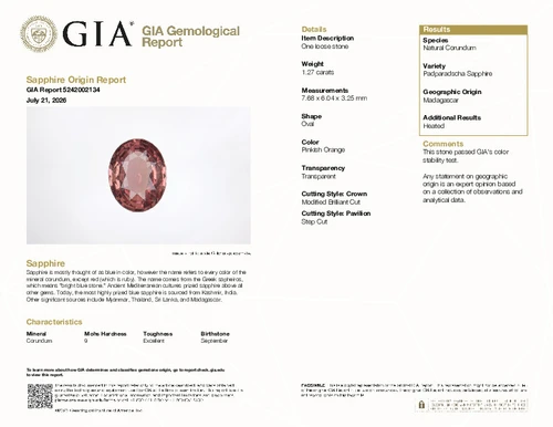 1.27 Carat Vivid Pink Orange Padradscha Sapphire Gem, Oval Shape, 7.68 x 6.04 x 3.25 mm, GIA Cert