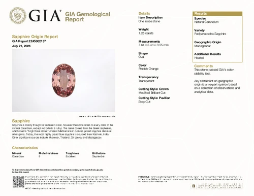 1.26 Carat Vivid Pink Orange Padradscha Sapphire Gem, Oval Shape, 7.64 x 5.41 x 3.55 mm, GIA Cert
