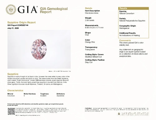 2.09 Carat Vivid Pink Orange No Heat Padradscha Sapphire Gem, Oval Shape, 8.09 x 6.2 x 4.71 mm, GIA Cert