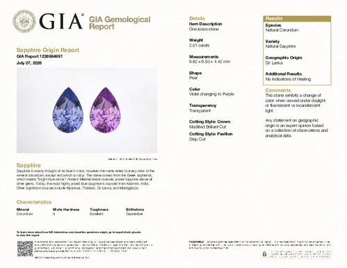 2.01 Carat Vivid Lavender Purple Unheated Sapphire Gem, Pear Cut, 9.62 x 6.5 x 4.42 mm, GIA Cert