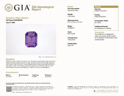 2.39 Carat Vivid Lilac Purple Unheated Sapphire Gem, Octagon Cut, 8.51 x 6.53 x 4.42 mm, GIA Cert