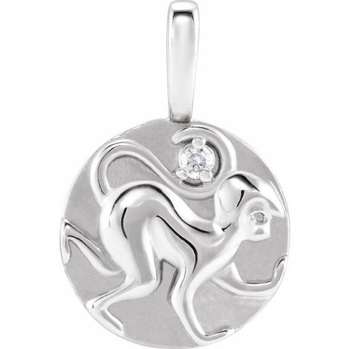 14K White .015 CT Natural Diamond Chinese Zodiac Monkey Pendant