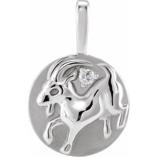 14K White .015 CT Natural Diamond Chinese Zodiac Goat Pendant