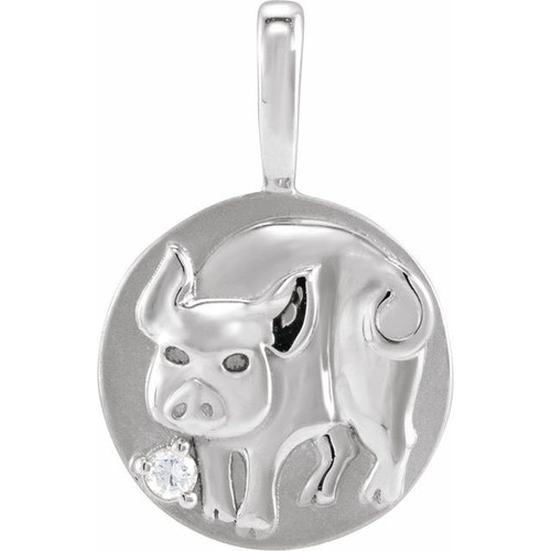 14K White .015 CT Natural Diamond Chinese Zodiac Pig Pendant