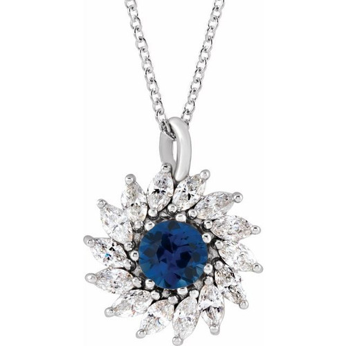 Sterling Silver Natural Blue Sapphire & Natural Diamond Halo to Style Necklace 5/8 CTW, 16-18 Inch - $2,301