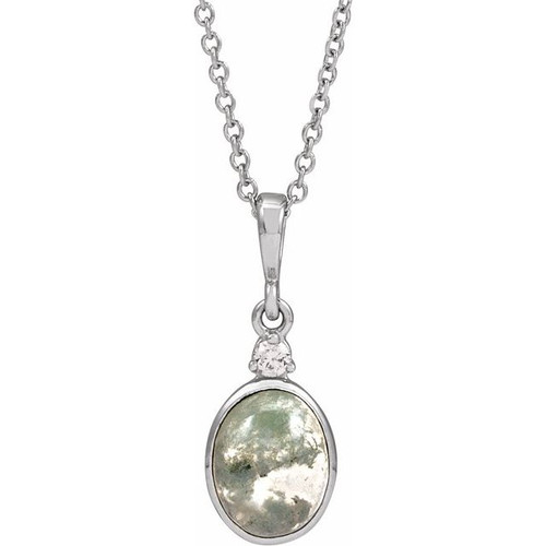 Sterling Silver Natural Moss Agate & Natural Diamond Necklace 0.03 CTW, 8x6mm, 16-18 Inch - $435