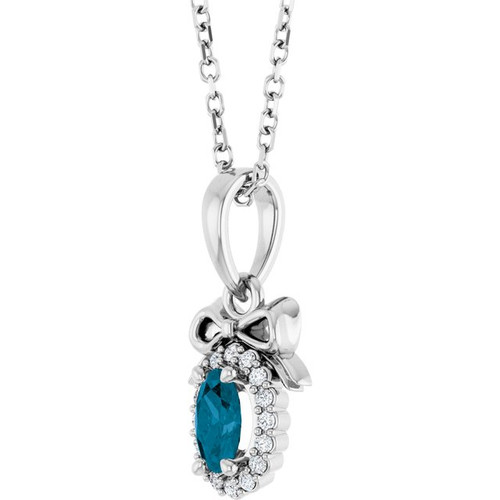 Platinum Natural London Blue Topaz & Natural Diamond Bow Necklace 0.04 CTW, 16-18 Inch - $1,985