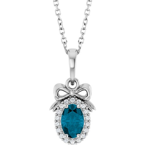 Sterling Silver Natural London Blue Topaz & Natural Diamond Bow Necklace 0.04 CTW, 16-18 Inch - $563