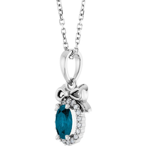 Sterling Silver Natural London Blue Topaz & Natural Diamond Bow Necklace 0.04 CTW, 16-18 Inch - $563